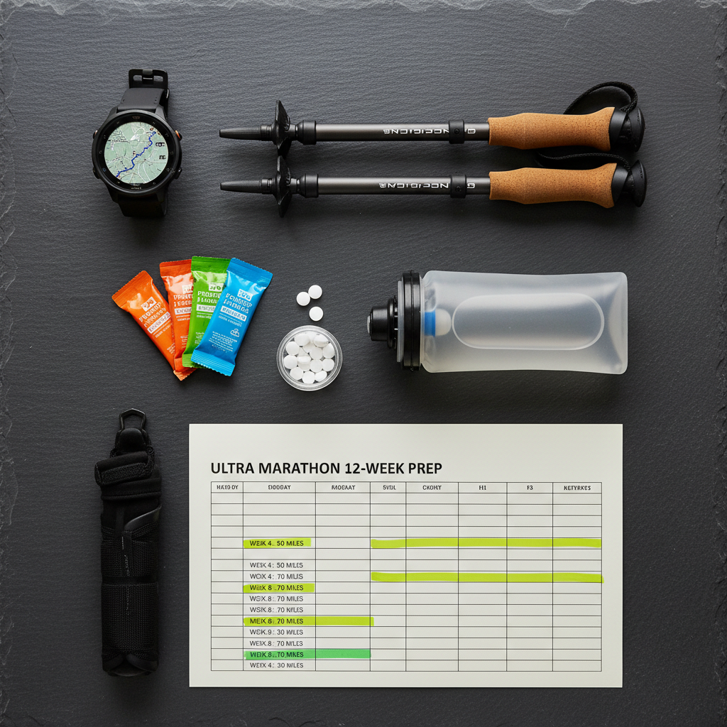 A minimalist flatlay of ultra running essentials arranged with precision on a dark slate surface: a GPS watch with a long-distance route displayed, a pair of compact collapsible trekking poles, gel packets, salt tablets, and a soft-flask hydration bottle partially filled. A printed training plan with neatly highlighted weekly mileage anchors the composition. Overhead, diffused window light creates gentle, even illumination with soft shadows that emphasize textures without harsh contrast. The mood is organized, focused, and aspirational. The photographic style is clean and modern, with sharp focus throughout and balanced rule-of-thirds framing, ideal for illustrating structured guidance for everyday runners looking to go further.